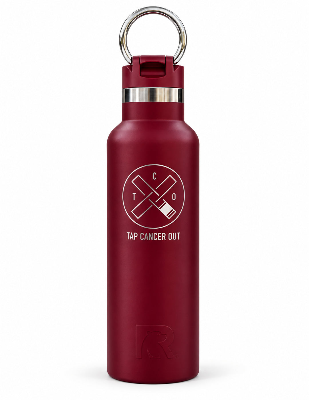 red water bottle with tap cancer out logo