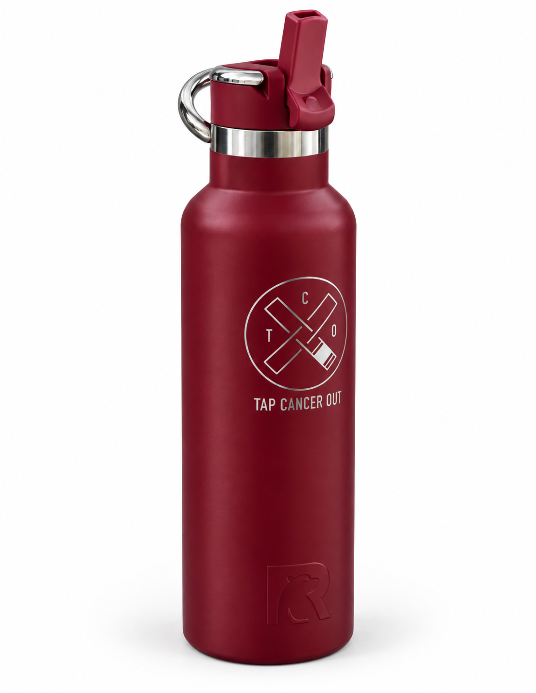 A matte dark red insulated water bottle with a flip-top lid and metal carabiner, featuring a white 'TAP CANCER OUT' logo on the front, set against a plain white background.