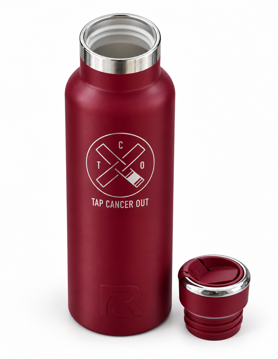 A matte dark red insulated water bottle with a silver stainless steel rim and a matching dark red cap placed beside it on a white background. The bottle features a white printed logo with crossed elements and the text 'TAP CANCER OUT'.