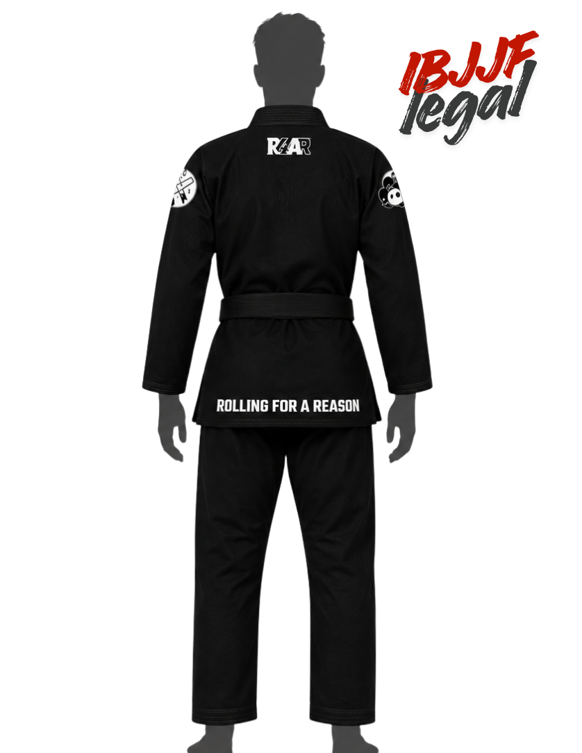 Black Brazilian Jiu-Jitsu gi shown from the back on a mannequin, featuring white text on the back collar reading 'KAR', 'ROLLING FOR A REASON' on the waist, and IBJJF legal branding in the top right corner.