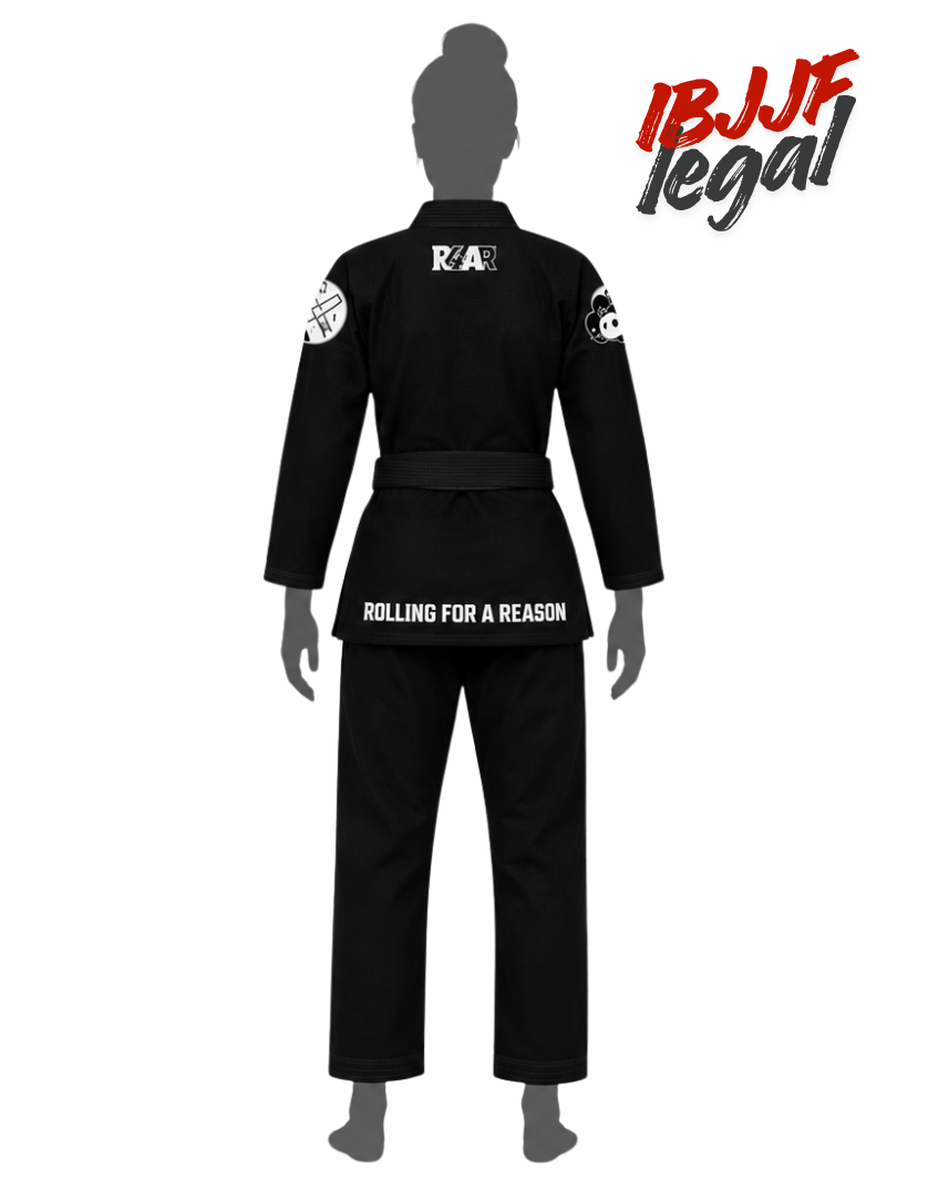 Black Brazilian Jiu-Jitsu gi shown from the back on a gray mannequin, featuring white text reading 'RAR' on the neck, 'ROLLING FOR A REASON' on the lower back, and IBJJF Legal branding in the top right corner.