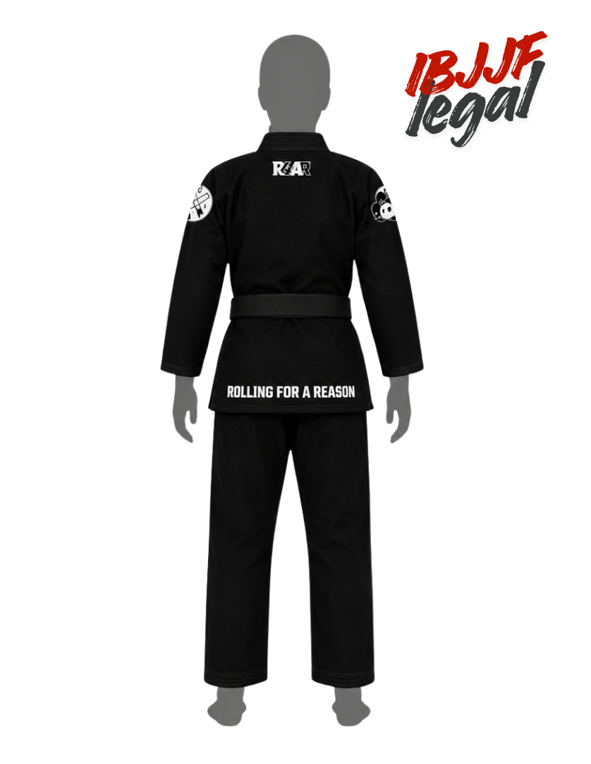 Black Brazilian Jiu-Jitsu gi shown from the back on a gray mannequin, featuring white text on the back collar and waist, and white patches on the sleeves. The brand logo 'IBJJF legal' is visible in the top right corner.