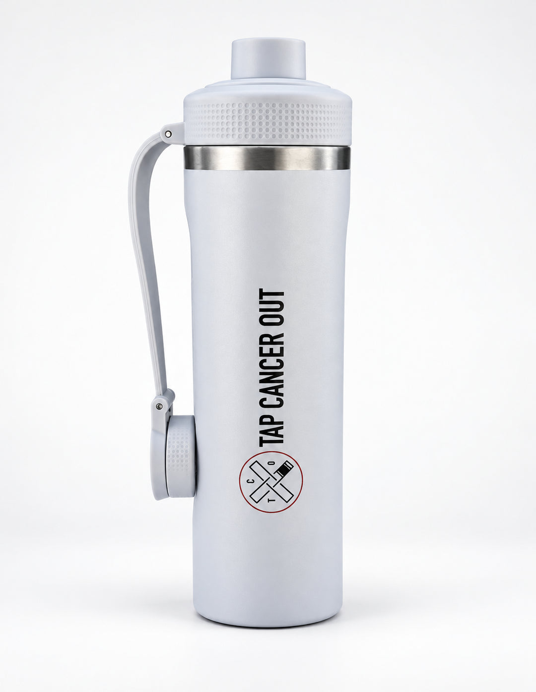 A white insulated water bottle with a carry loop, featuring the vertical text 'TAP CANCER OUT'  set against a plain white background.