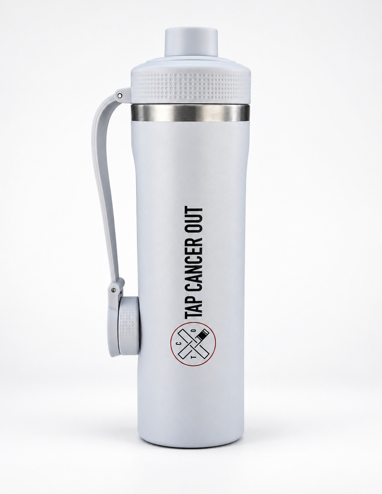 A white insulated water bottle with a carry loop, featuring the vertical text 'TAP CANCER OUT'  set against a plain white background.